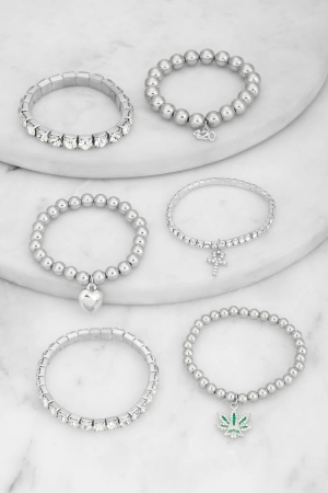 420 Rhinestone Charm Stretch Bracelets Set of 6