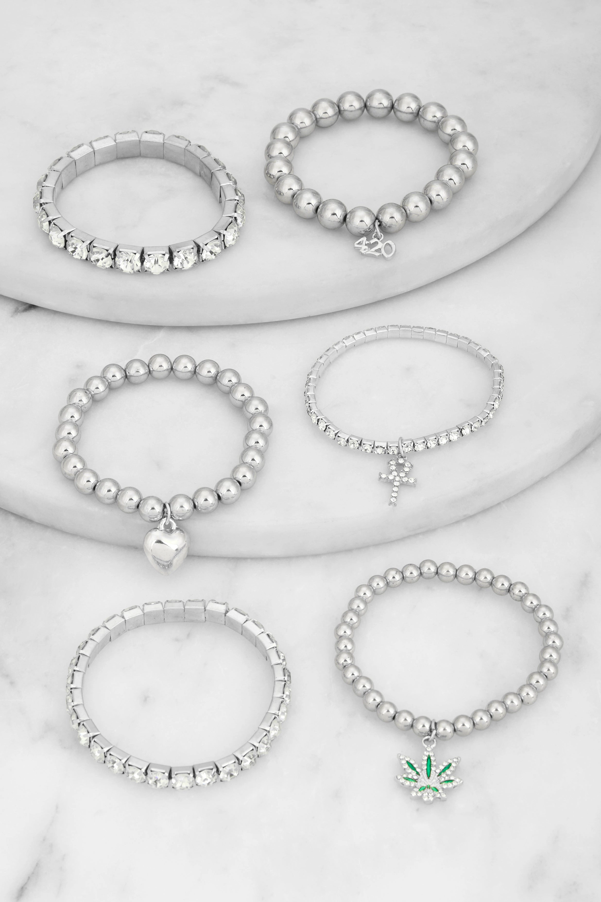 420 Rhinestone Charm Stretch Bracelets Set of 6