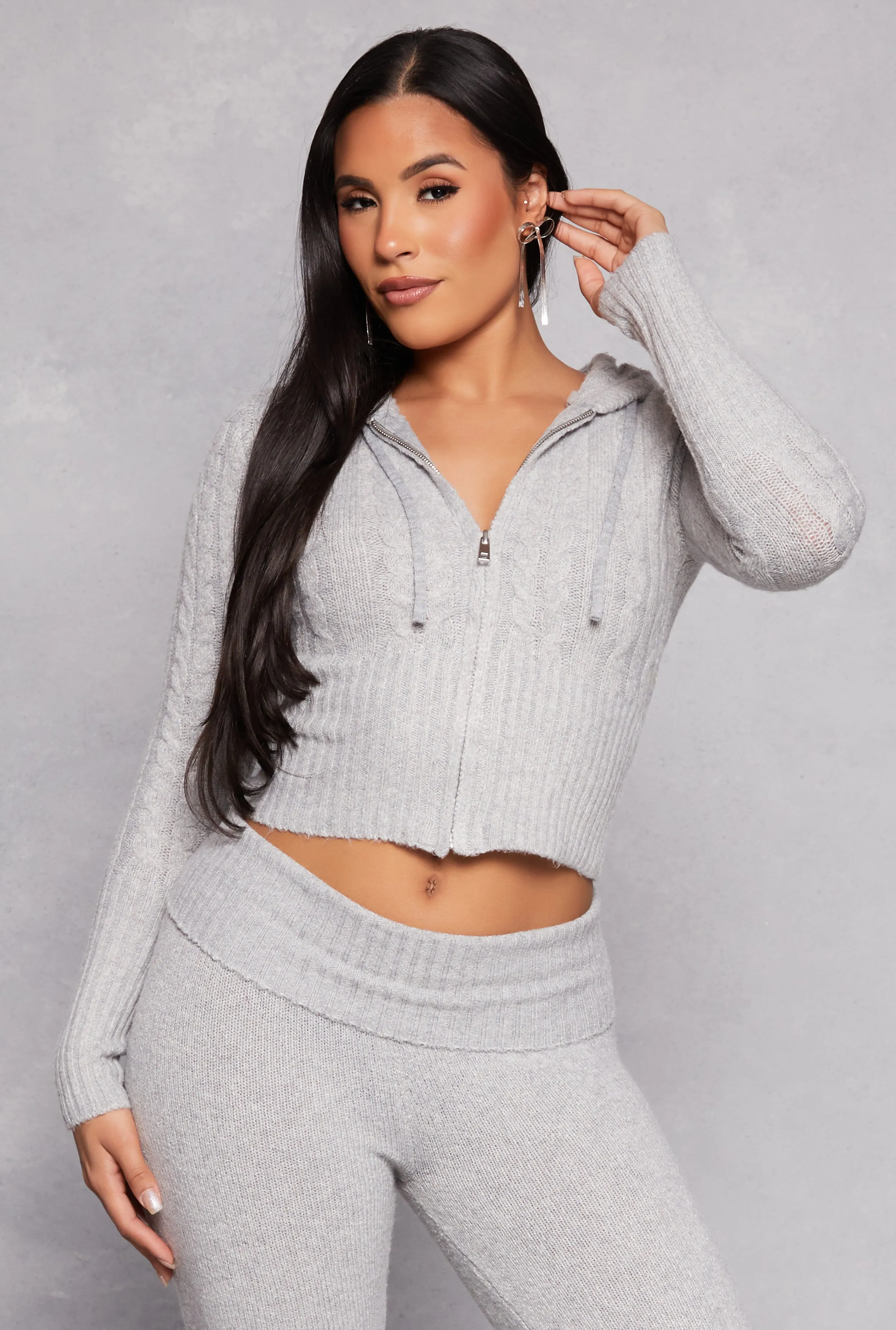 Almost Famous Cable Knit Zip Front Hoodie