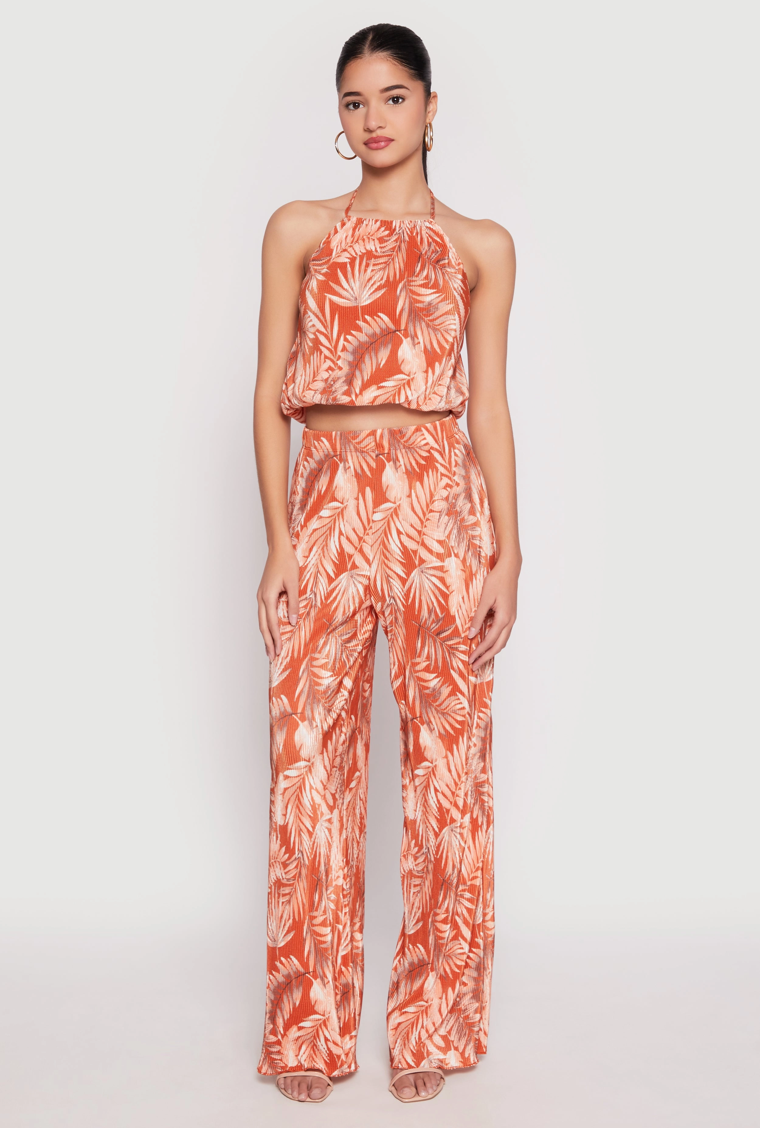 Almost Famous Plisse Tropical Print Palazzo Pants