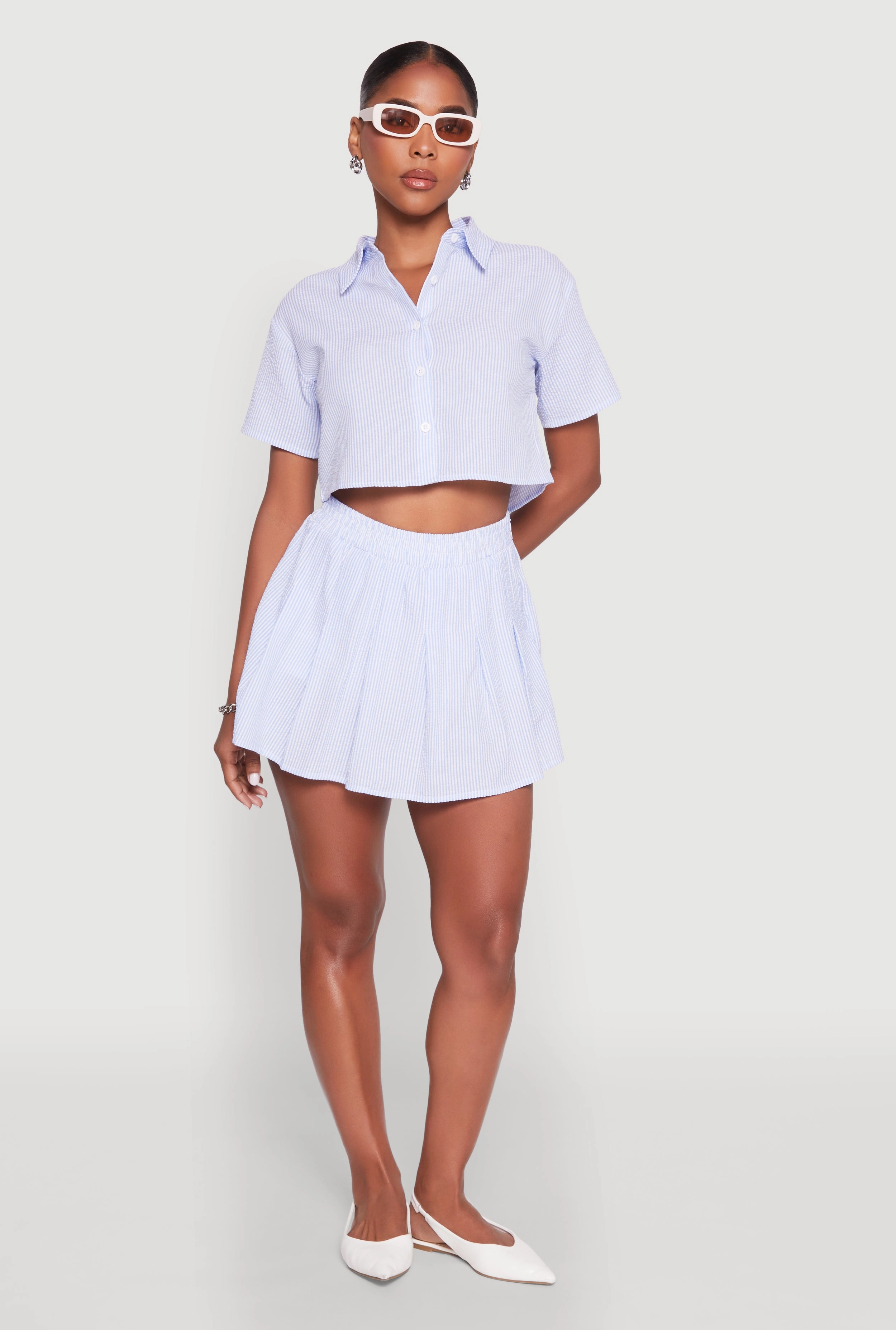 Almost Famous Striped Seersucker Pleated Skirt