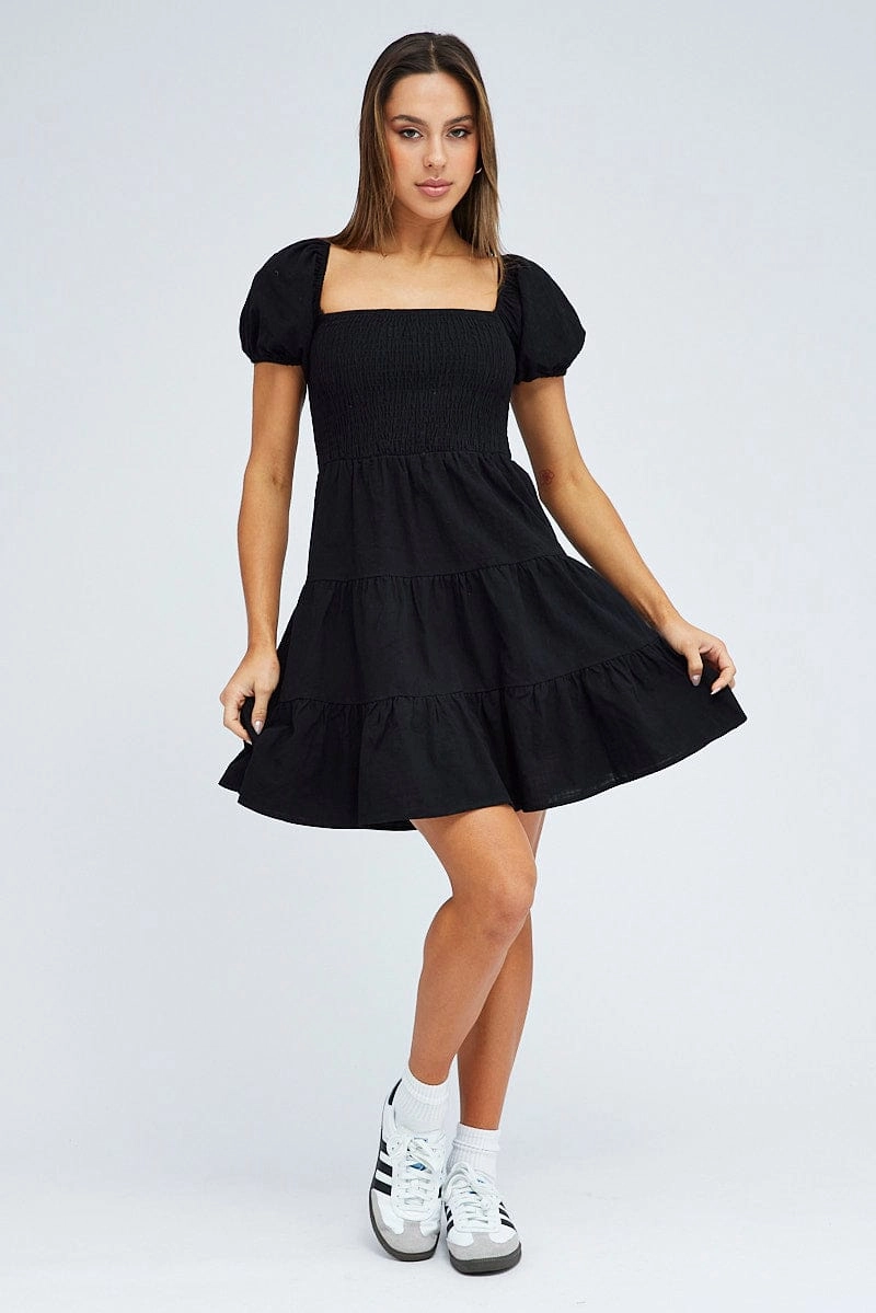 Black Fit and Flare Dress Short Sleeve Shirred