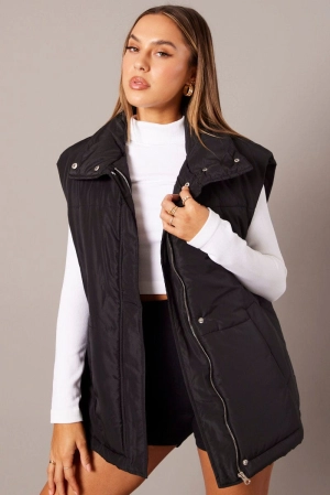 Black Puffer Sleeveless Zip Thru