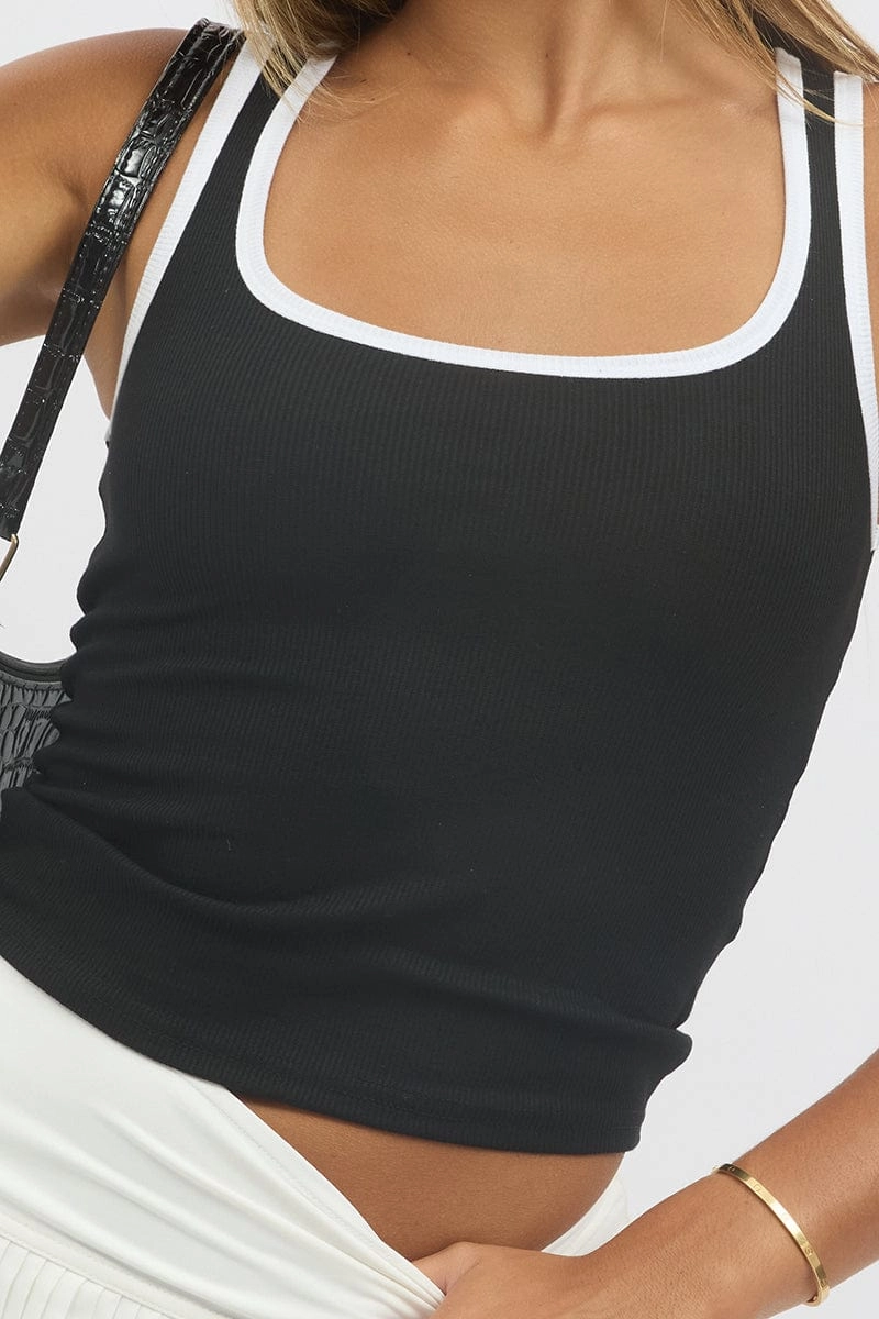 Black Tank Top Sleeveless Contrast Trim