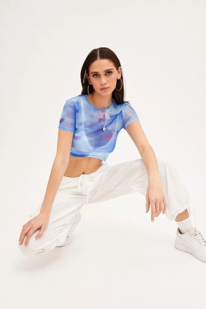 Blue Abstract Landscape Print Mesh Short Sleeve Top