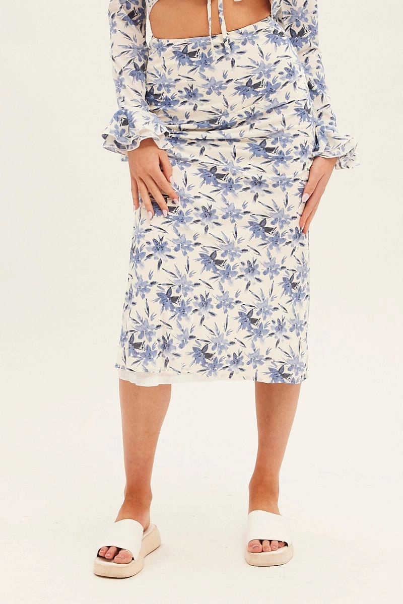 Blue Floral Midi Skirt Slip Floral Print