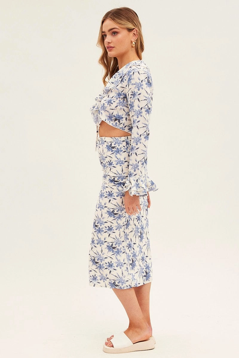 Blue Floral Midi Skirt Slip Floral Print