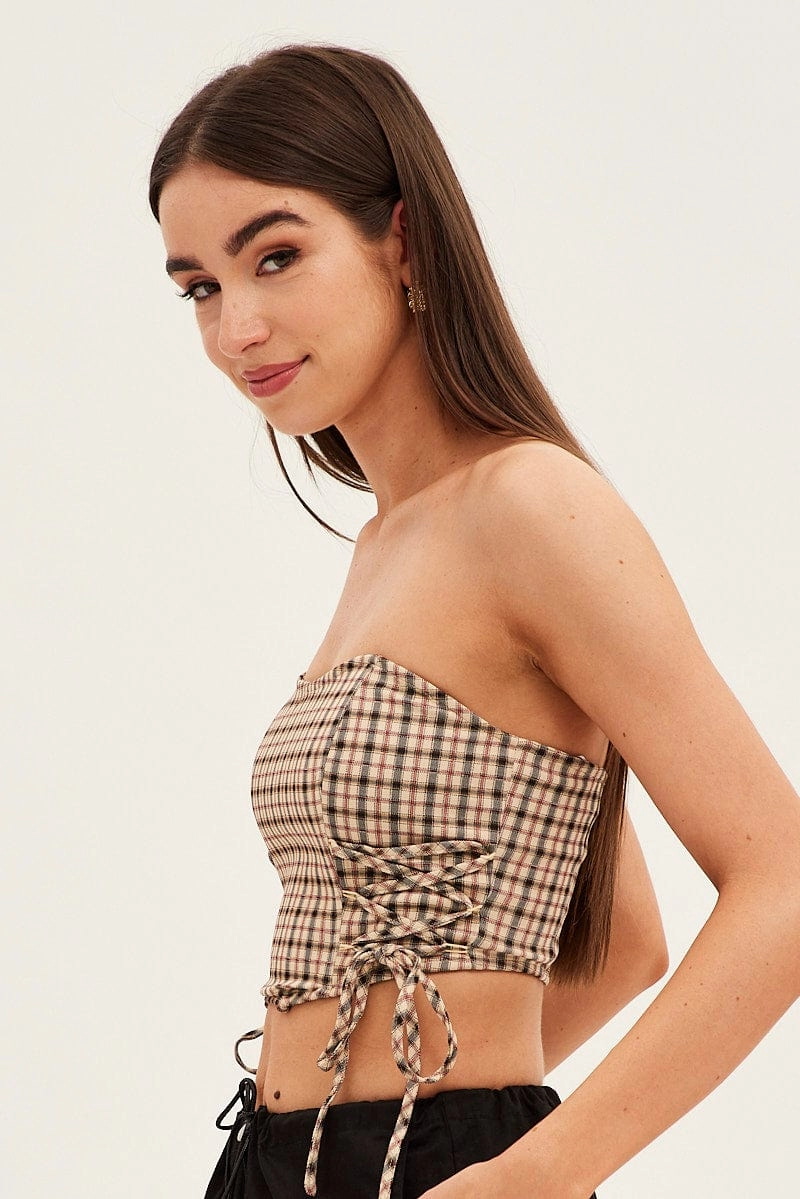 Brown Check Corset Top Strapless Crop Structured Tie Up Detail