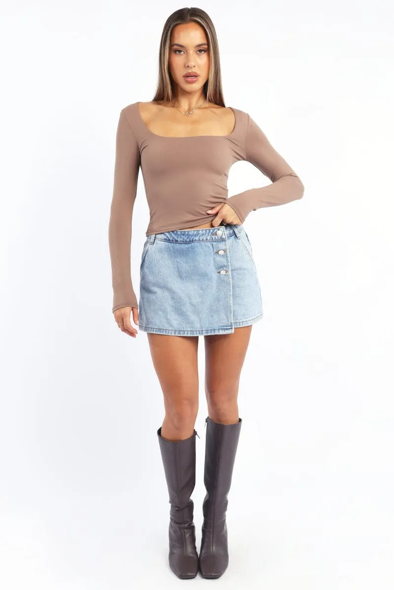 Brown Supersoft Top Square Neck Long Sleeve