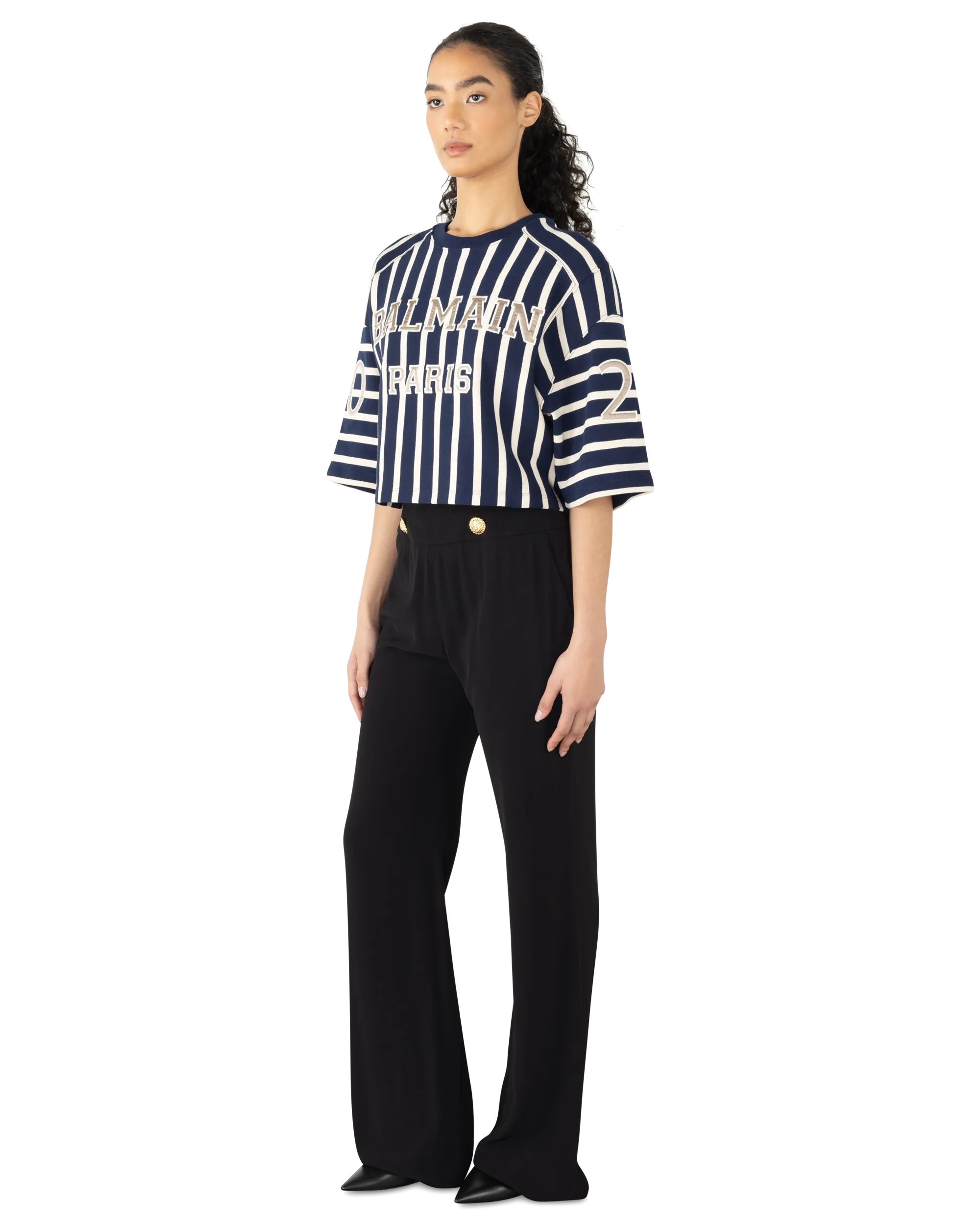 Cropped Striped Balmain Baseball T-Shirt