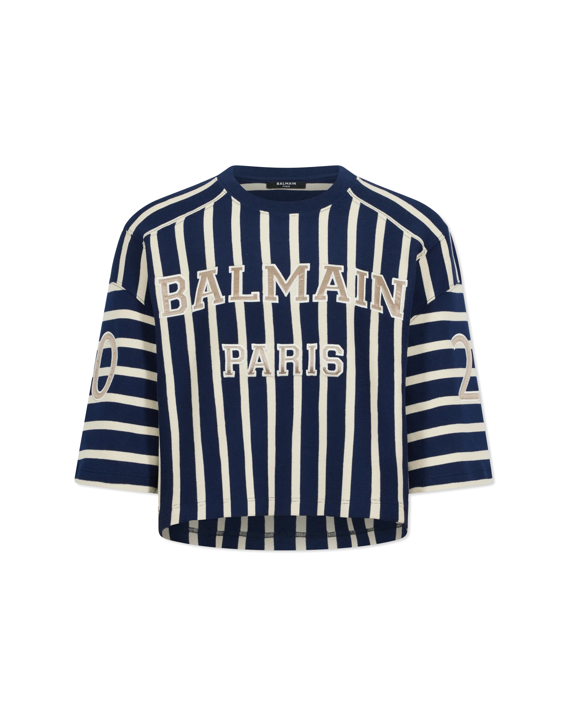 Cropped Striped Balmain Baseball T-Shirt