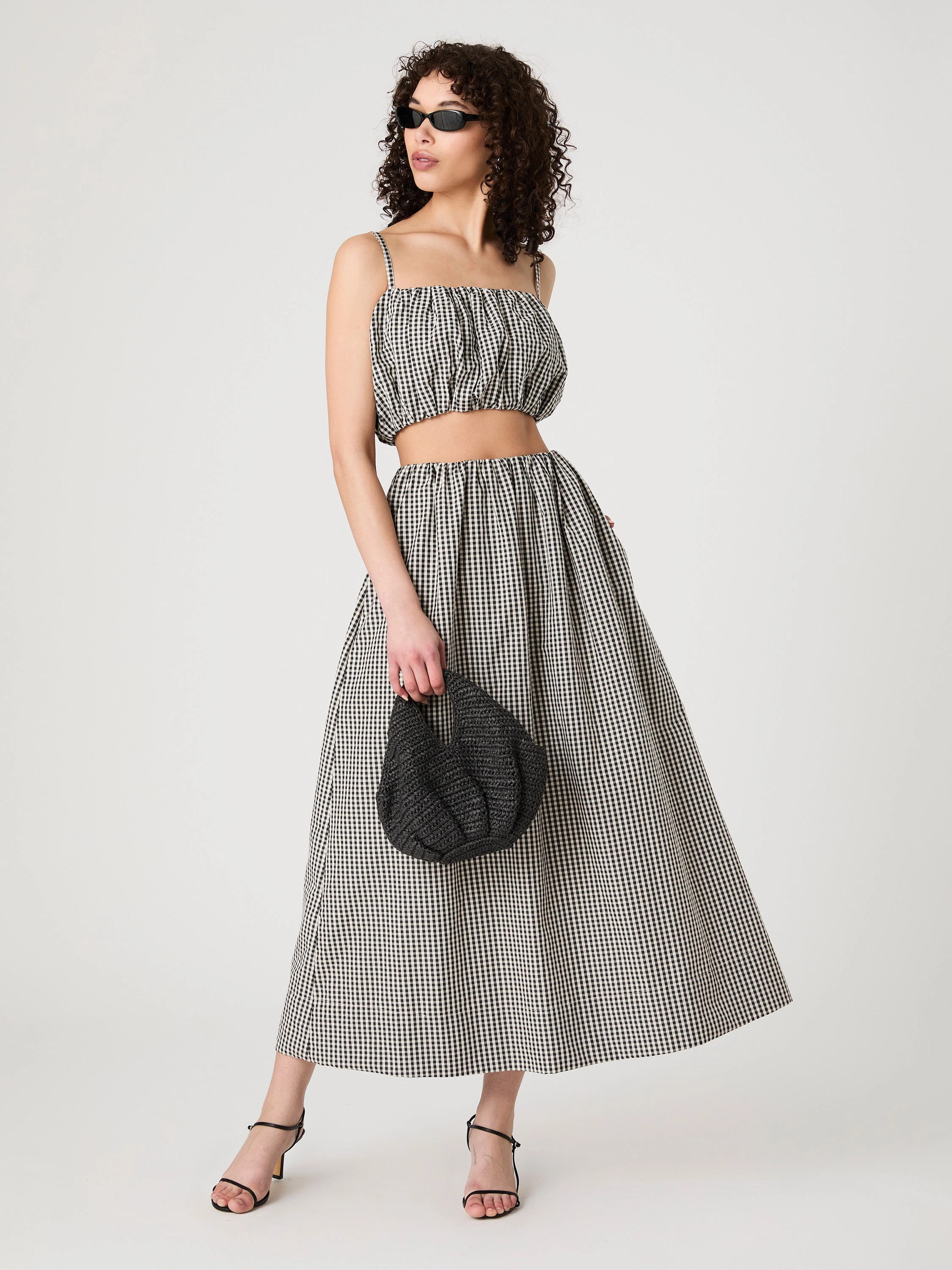 Gingham Ruched Waist Midi Skirt