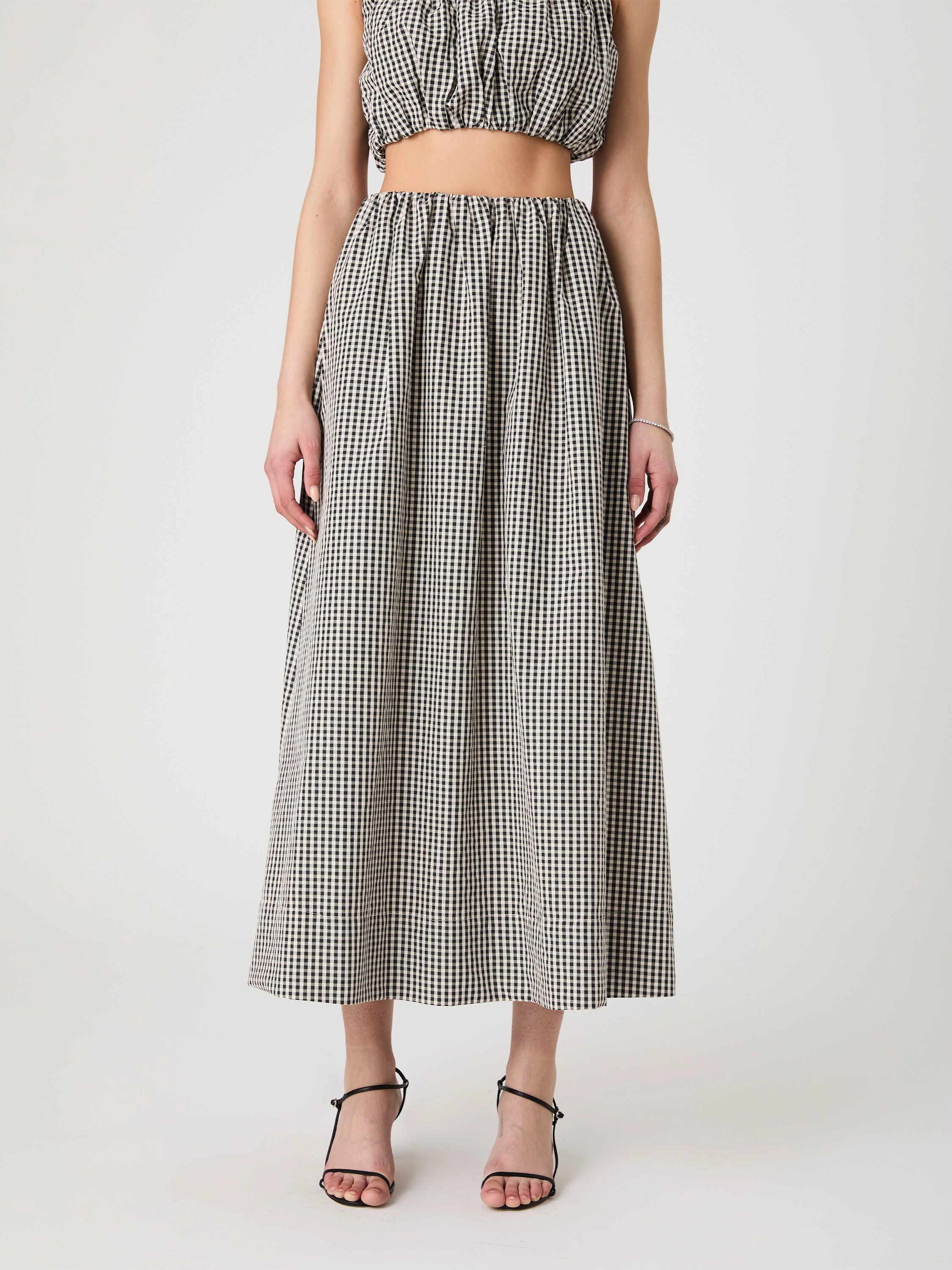 Gingham Ruched Waist Midi Skirt