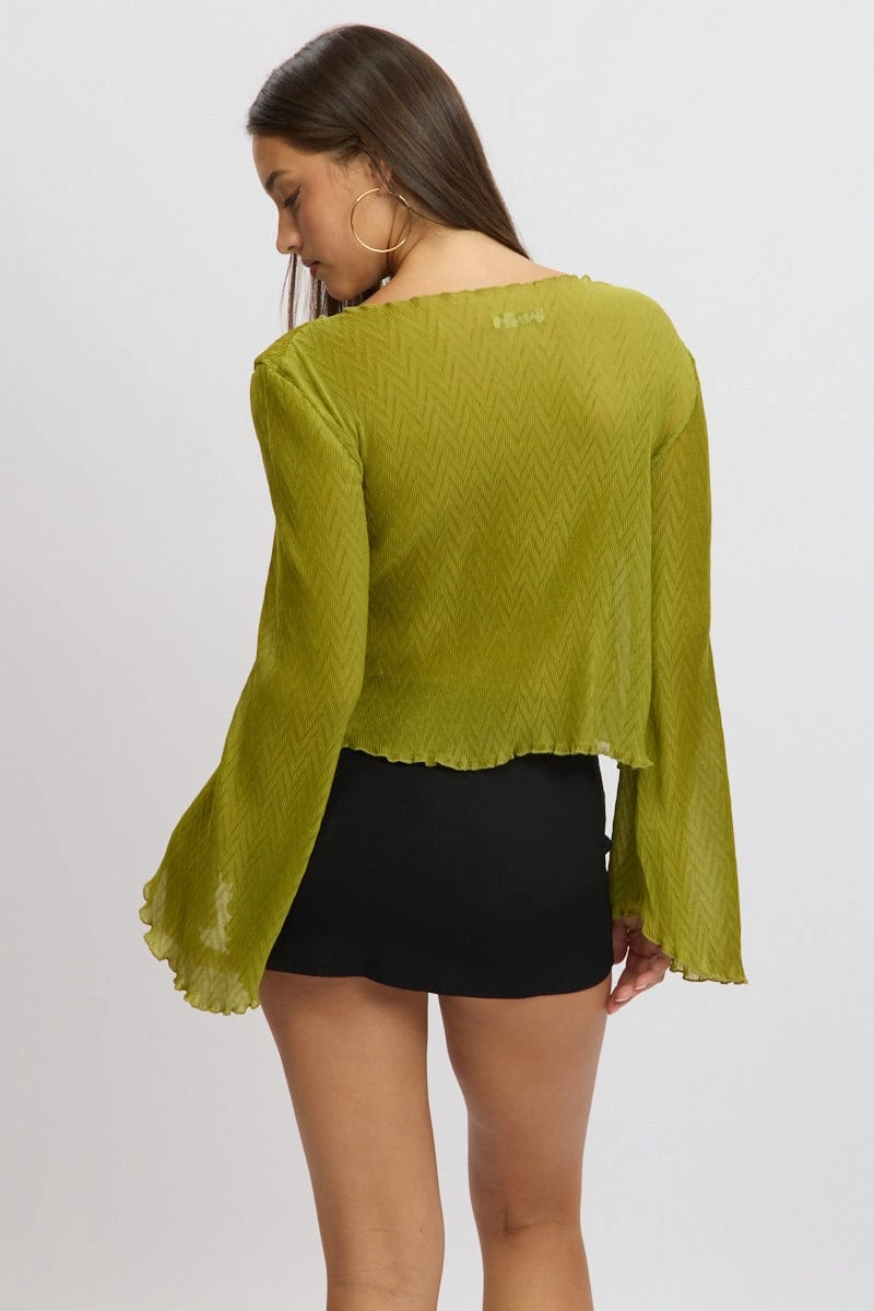 Green Tie Up Front Top Long Sleeve Textured