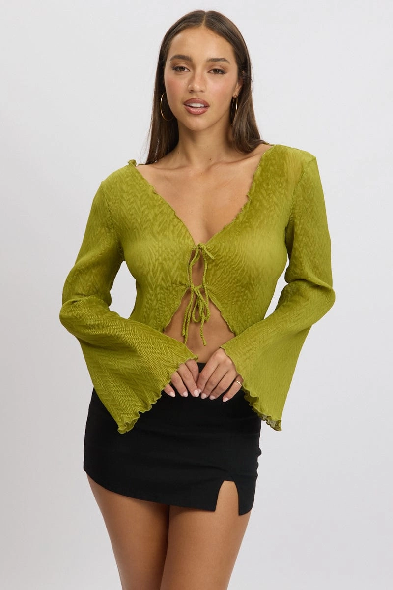 Green Tie Up Front Top Long Sleeve Textured