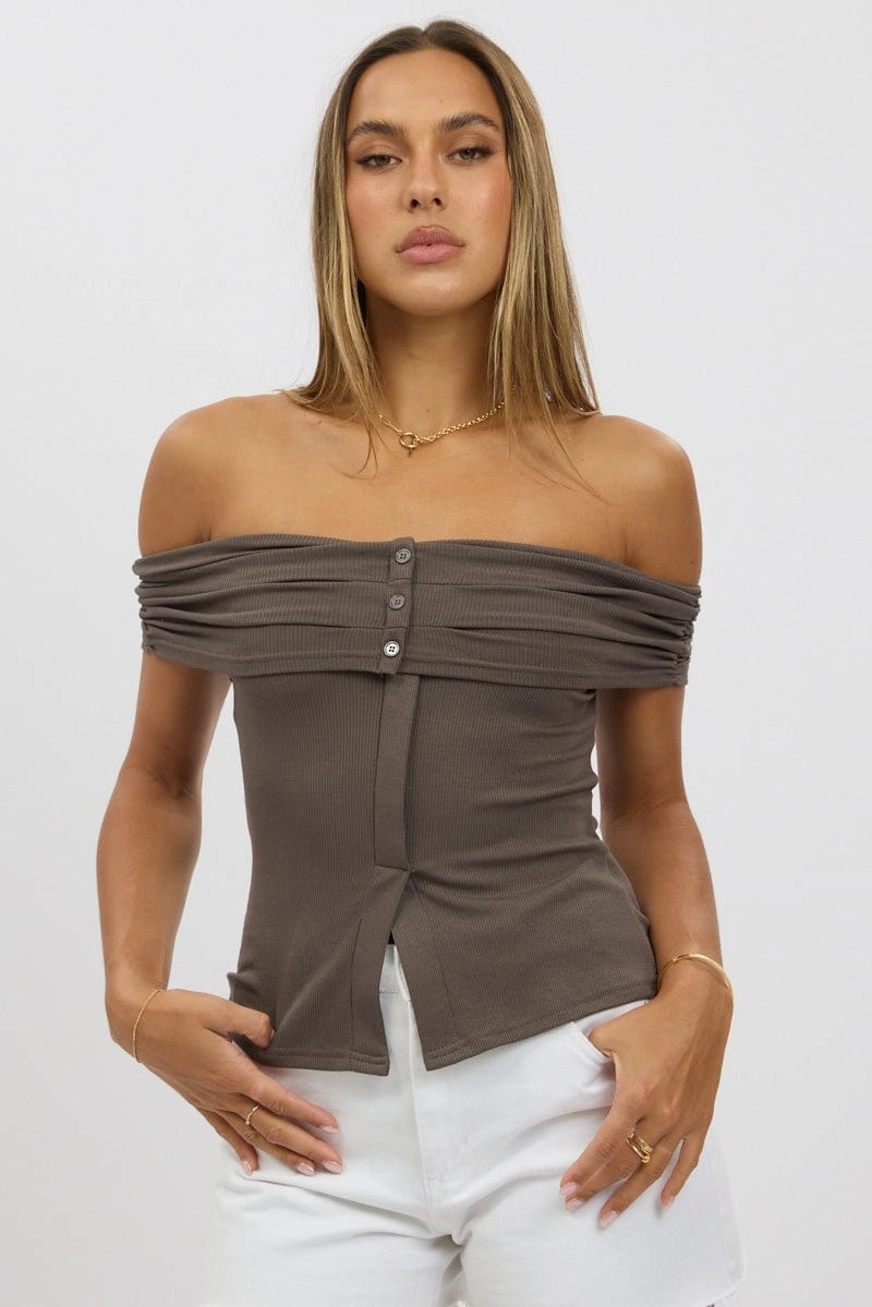 Grey Off Shoulder Top Rib