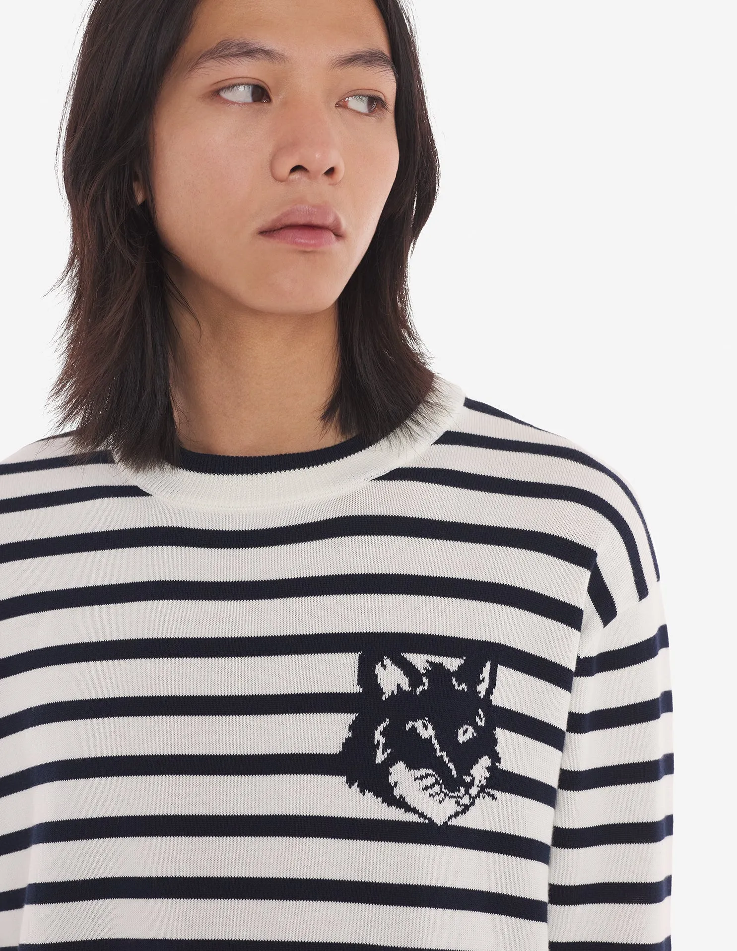 Men's Fox Head Intarsia Comfort Striped Jumper Deep Navy/off-white Stripes