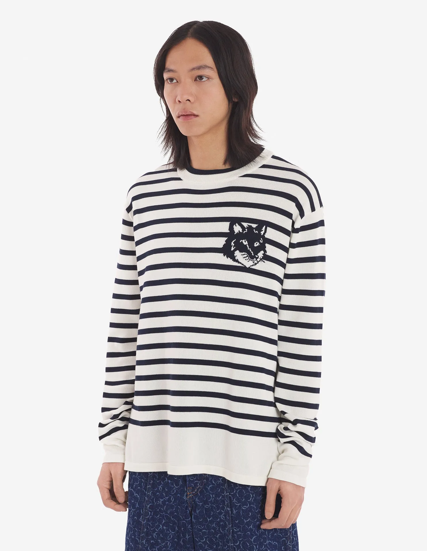 Men's Fox Head Intarsia Comfort Striped Jumper Deep Navy/off-white Stripes
