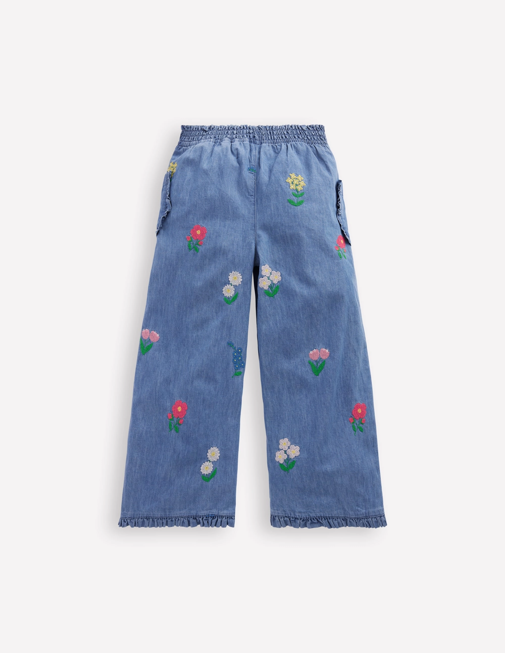 Nostalgic Frill Trousers-Chambray Cross Stitch Flowers