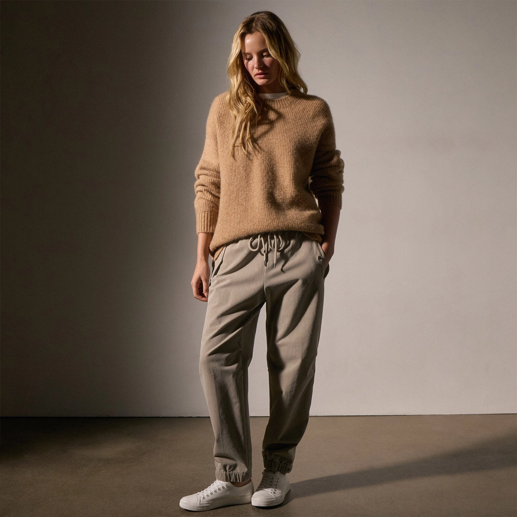Oversized Waffle Knit Crew - Camel