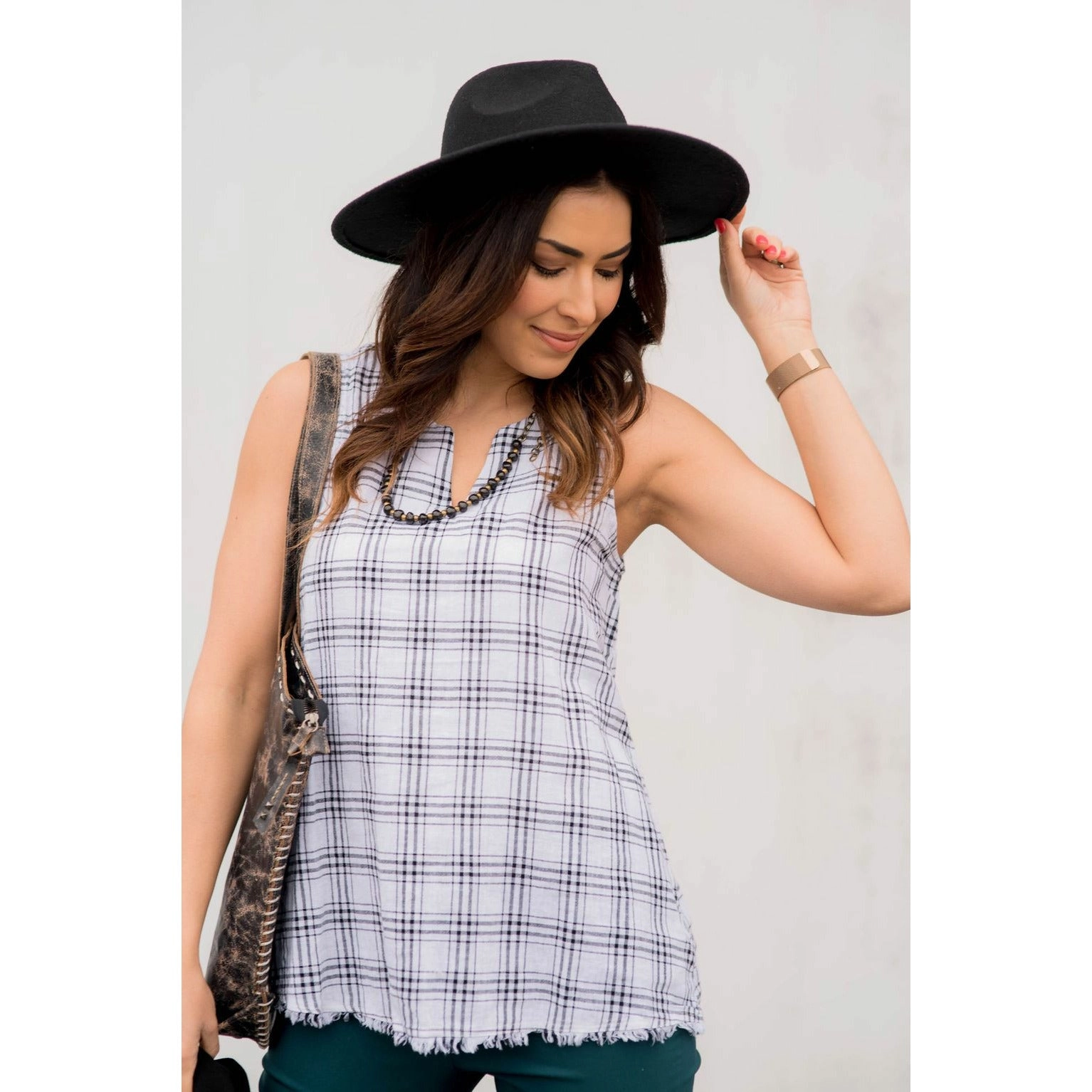 Plaid Fringe V Tank