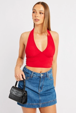 Red Halter Neck Top Tie Back Mesh