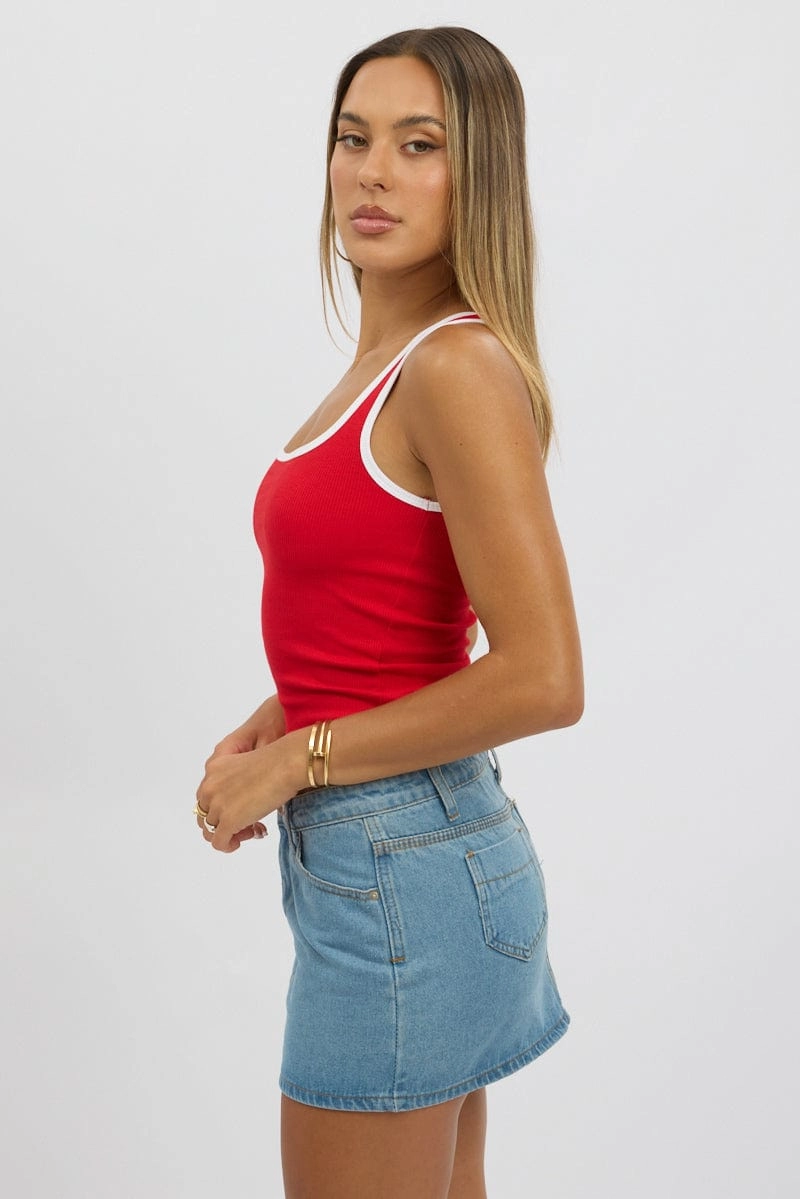 Red Tank Top Sleeveless Contrast Trim