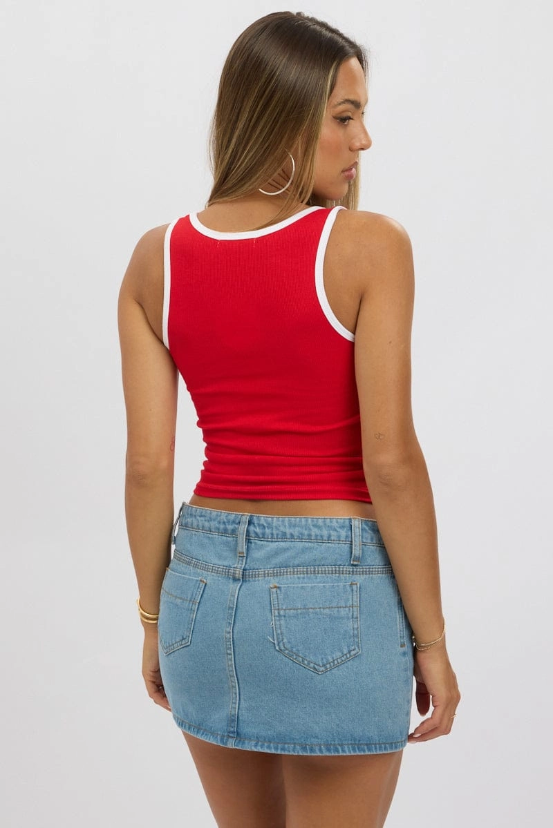 Red Tank Top Sleeveless Contrast Trim