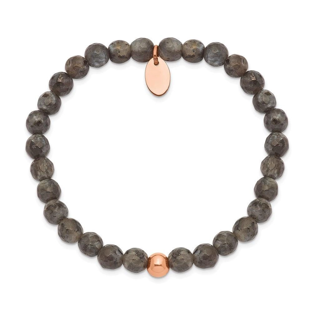 Stainless Steel Polished Rose IP-plated Spectrolite Beaded Stretch Bracelet