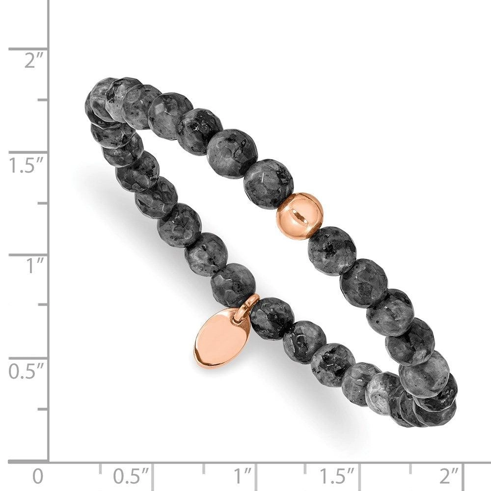 Stainless Steel Polished Rose IP-plated Spectrolite Beaded Stretch Bracelet