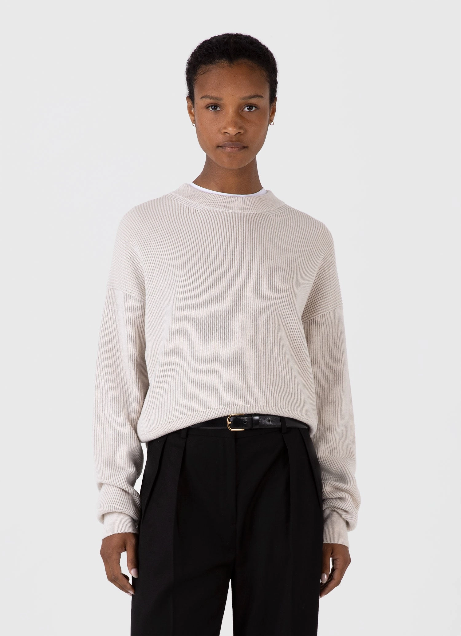 Women's Ribbed Crew Neck Jumper in Ecru