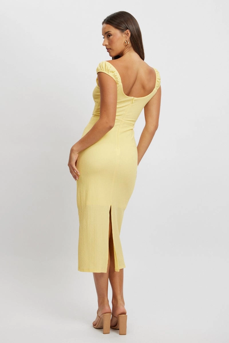 Yellow Bodycon Dress Textured Midi
